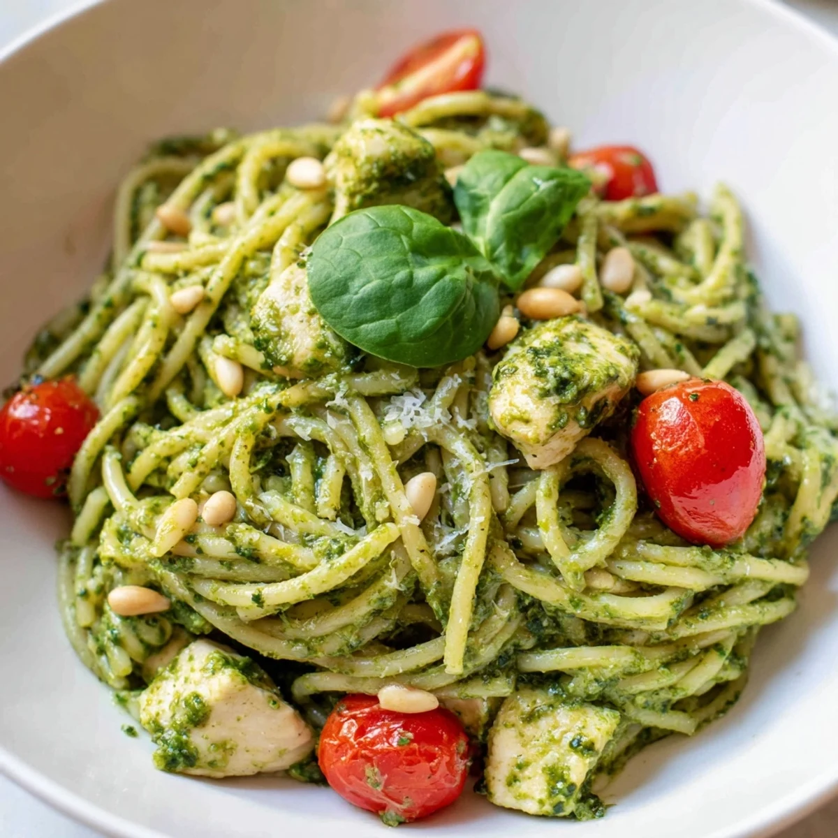 Creamy pesto pasta with chicken tossed in vibrant green basil sauce on white plate