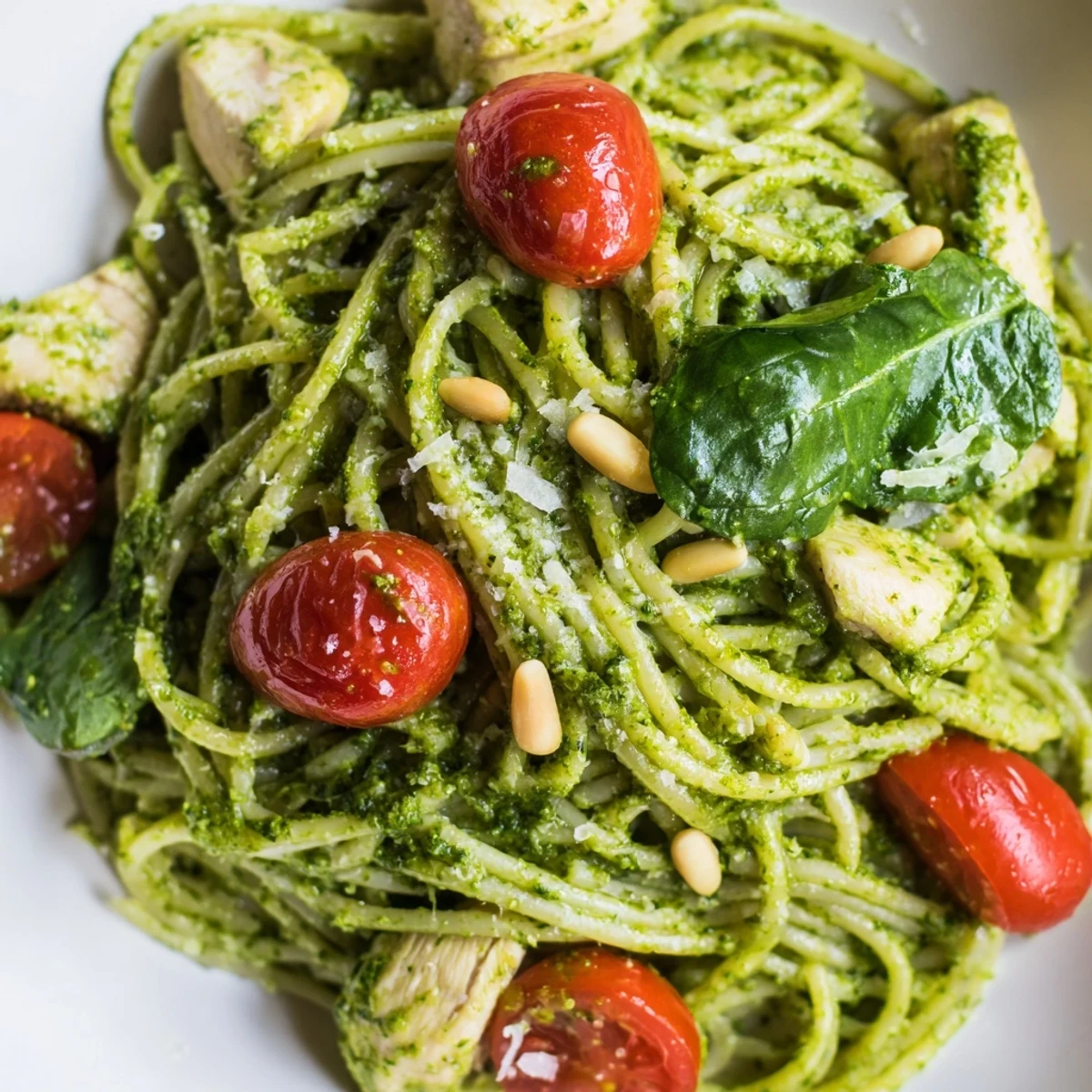 Tender chicken and al dente noodles coated in homemade basil pesto with parmesan