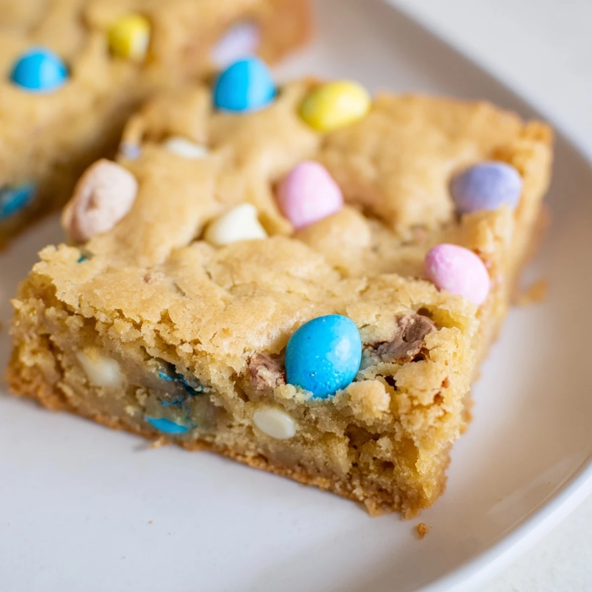Golden Mini Cadbury Easter Egg Blondies studded with pastel chocolate eggs and white chocolate chips