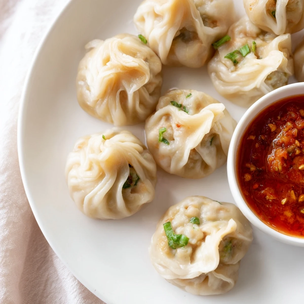 Golden pleated Nepali momo served hot with tangy sesame tomato chutney for dipping