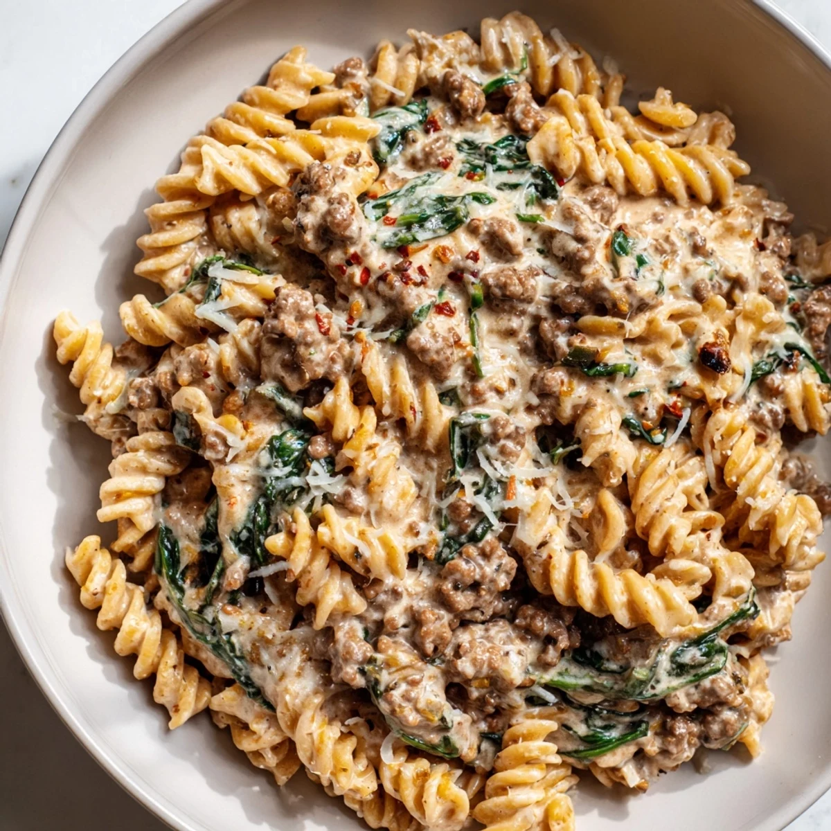 Creamy high protein beef pasta tossed in a velvety Parmesan sauce with wilted spinach
