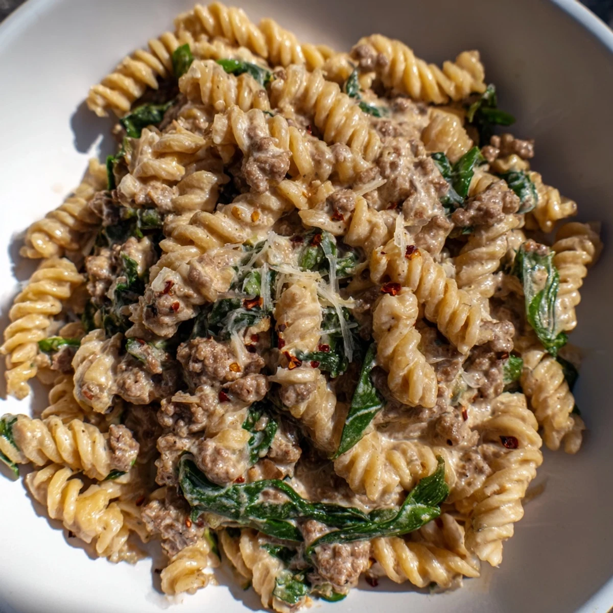 Golden brown ground beef and tender noodles coated in rich creamy high protein beef pasta sauce