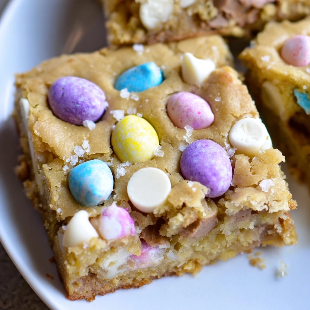 Golden mini Cadbury Easter egg blondies with colorful candy pieces on a rustic cutting board