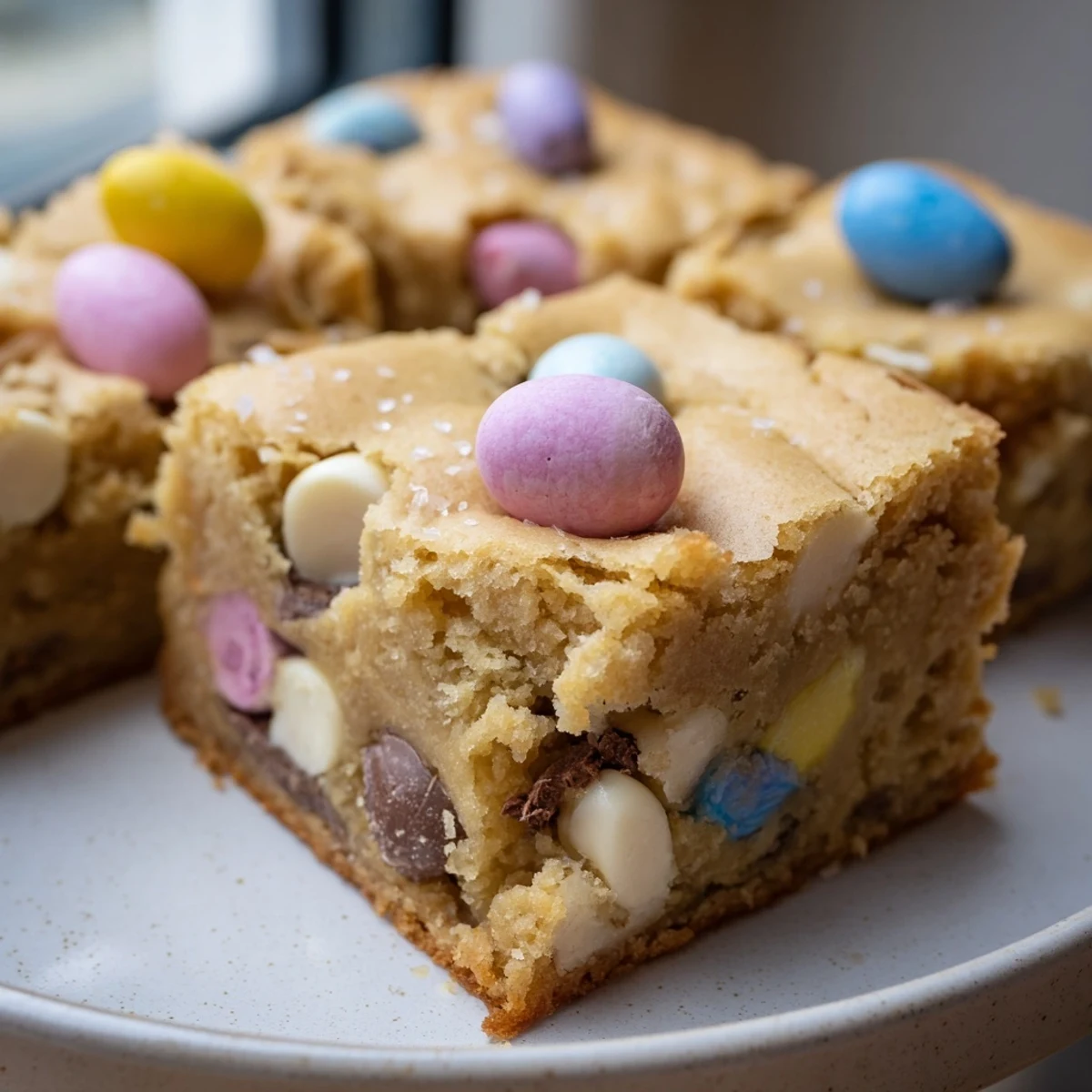 Close-up of chewy mini Cadbury Easter egg blondies topped with pastel chocolate eggs