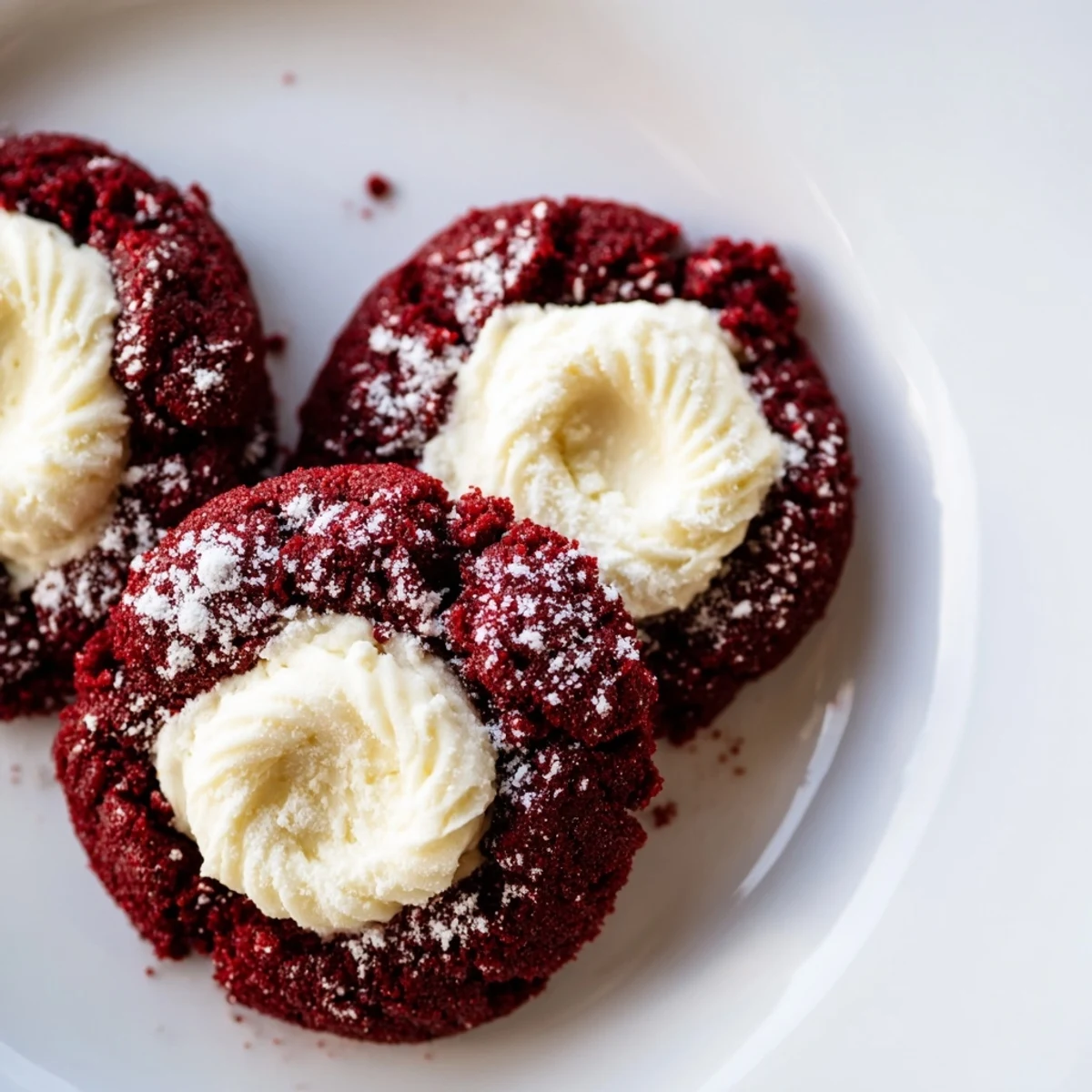 Red velvet thumbprint cookies with creamy cheesecake filling on a rustic baking sheet