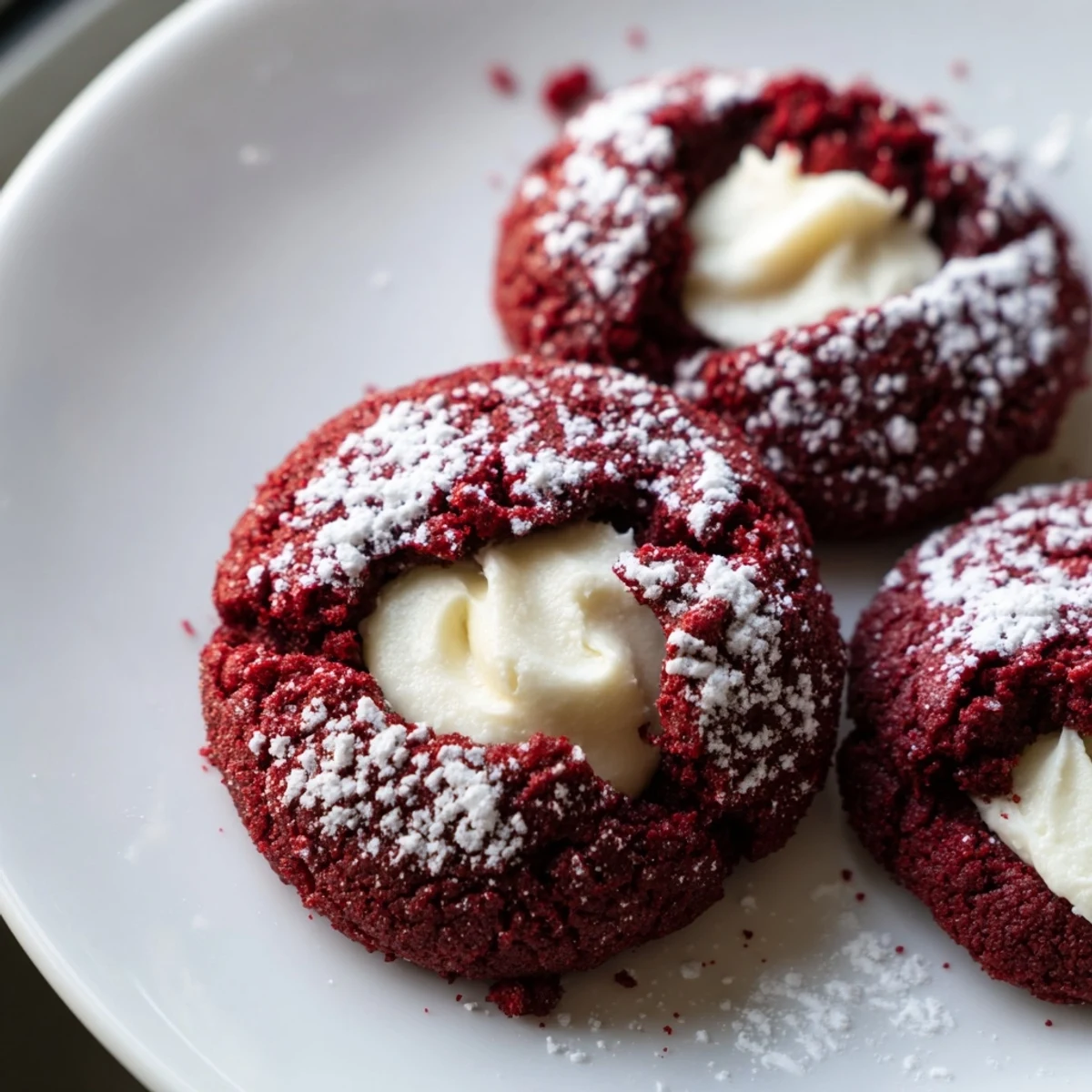Bright red velvet thumbprint cookies dotted with smooth cream cheese centers cooling on parchment