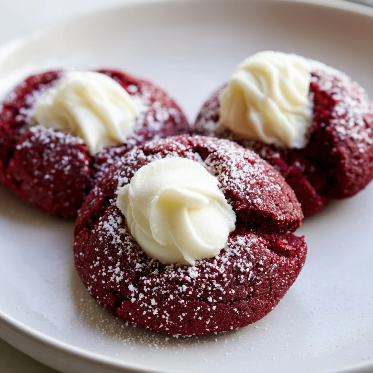 Glossy cream cheese filled red velvet thumbprint cookies arranged on a white serving platter