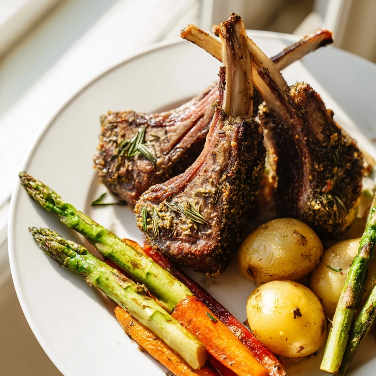Golden herb-crusted Easter dinner on a sheet pan with roasted lamb and colorful vegetables