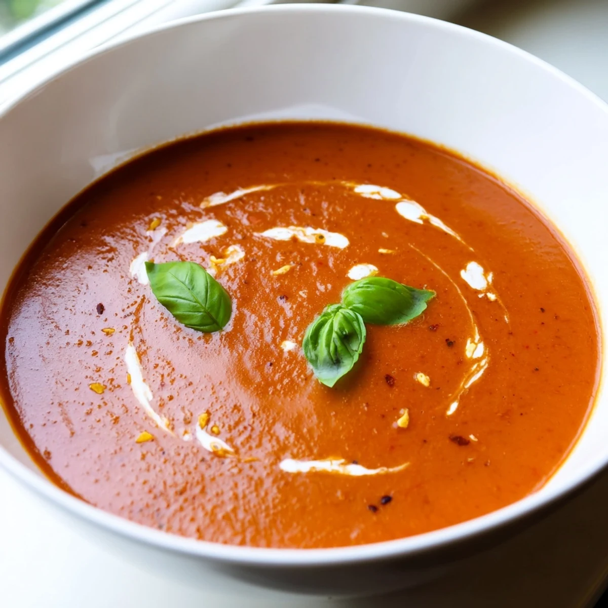 Smoky fire roasted tomato soup in a rustic bowl with fresh basil garnish