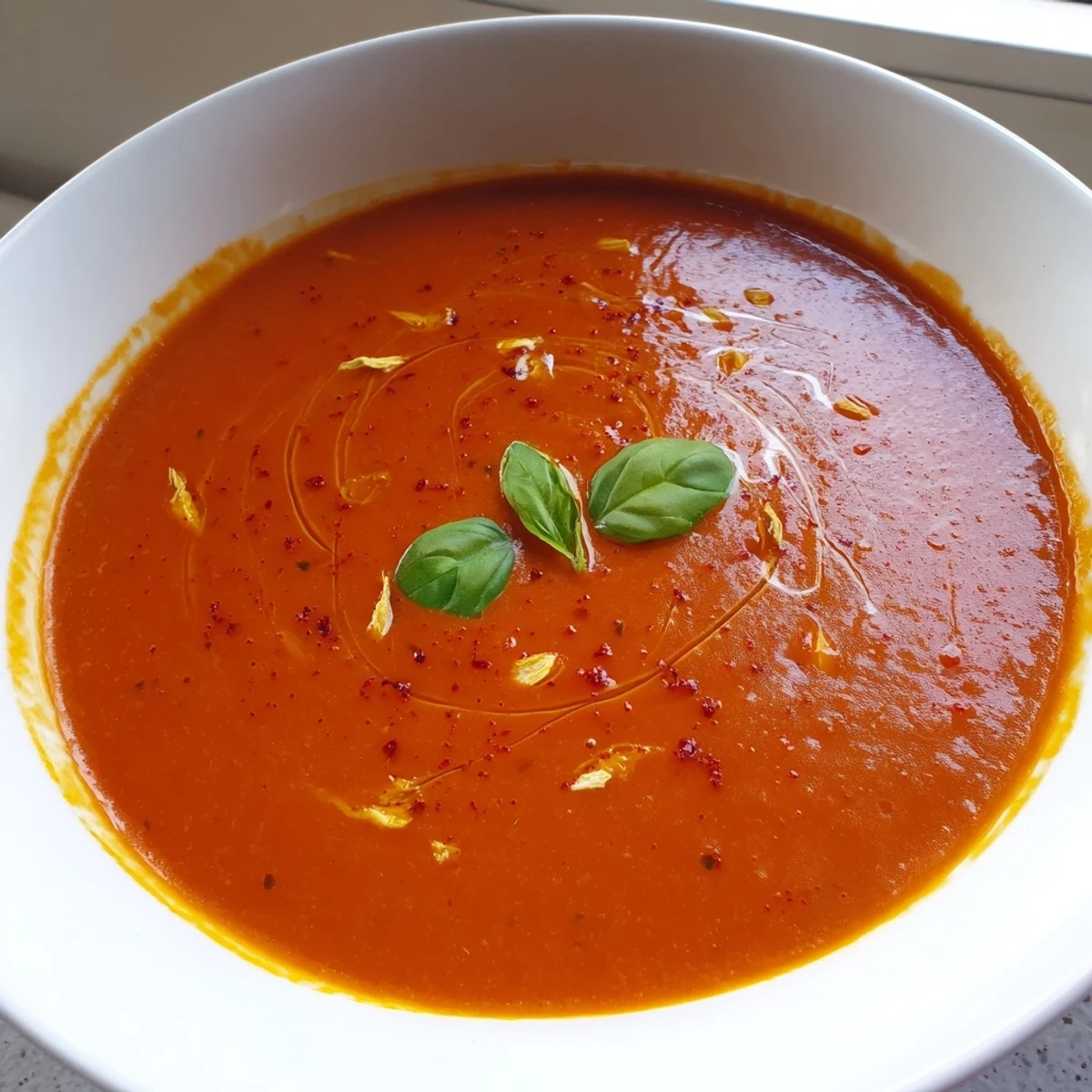 Velvety fire roasted tomato soup topped with cream and served alongside crusty bread