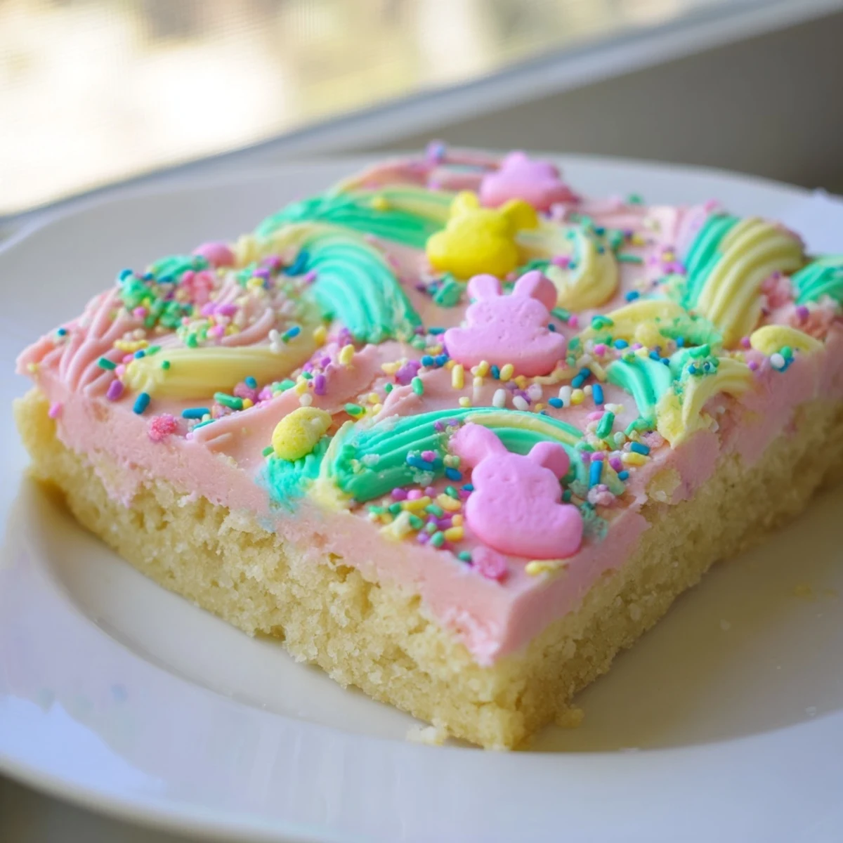Soft Easter sugar cookie bars with swirled pastel frosting and colorful rainbow sprinkles
