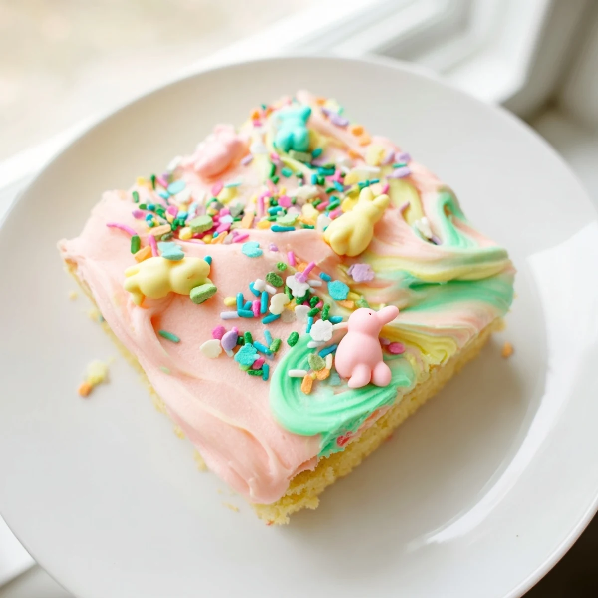 Thick-cut Easter sugar cookie bars topped with smooth creamy pink frosting and sprinkles