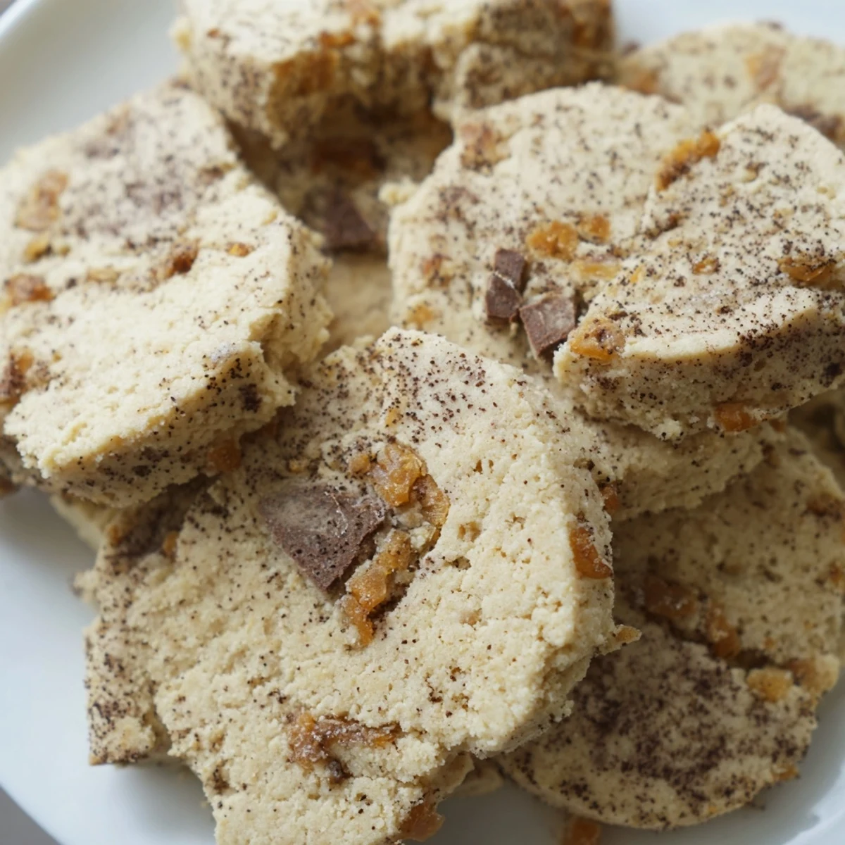 Golden espresso shortbread cookies with melted toffee chunks on a rustic baking sheet