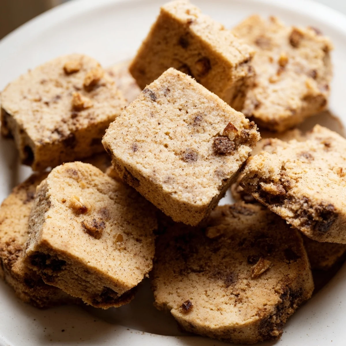 Buttery espresso shortbread cookies with golden toffee chunks stacked beside a coffee mug