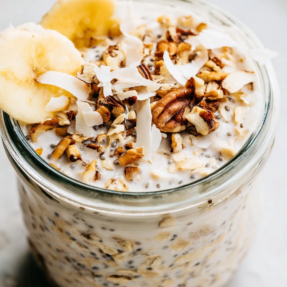 Creamy coconut cream pie overnight oats topped with toasted coconut flakes in a mason jar
