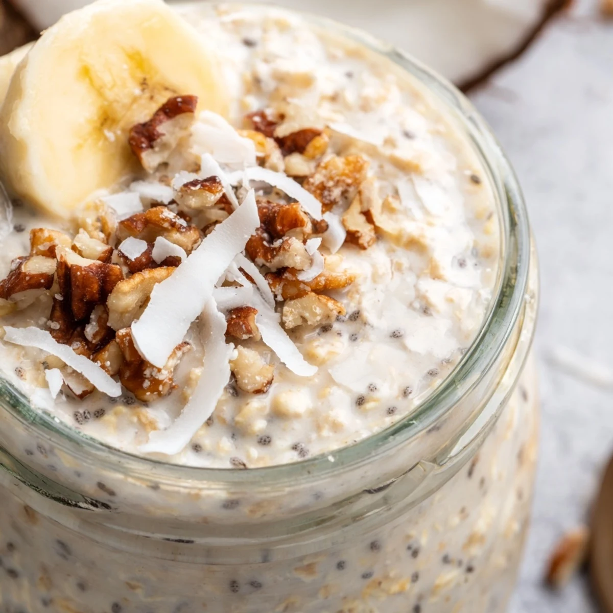 Coconut cream pie overnight oats layered with crunchy pecans and banana slices for breakfast