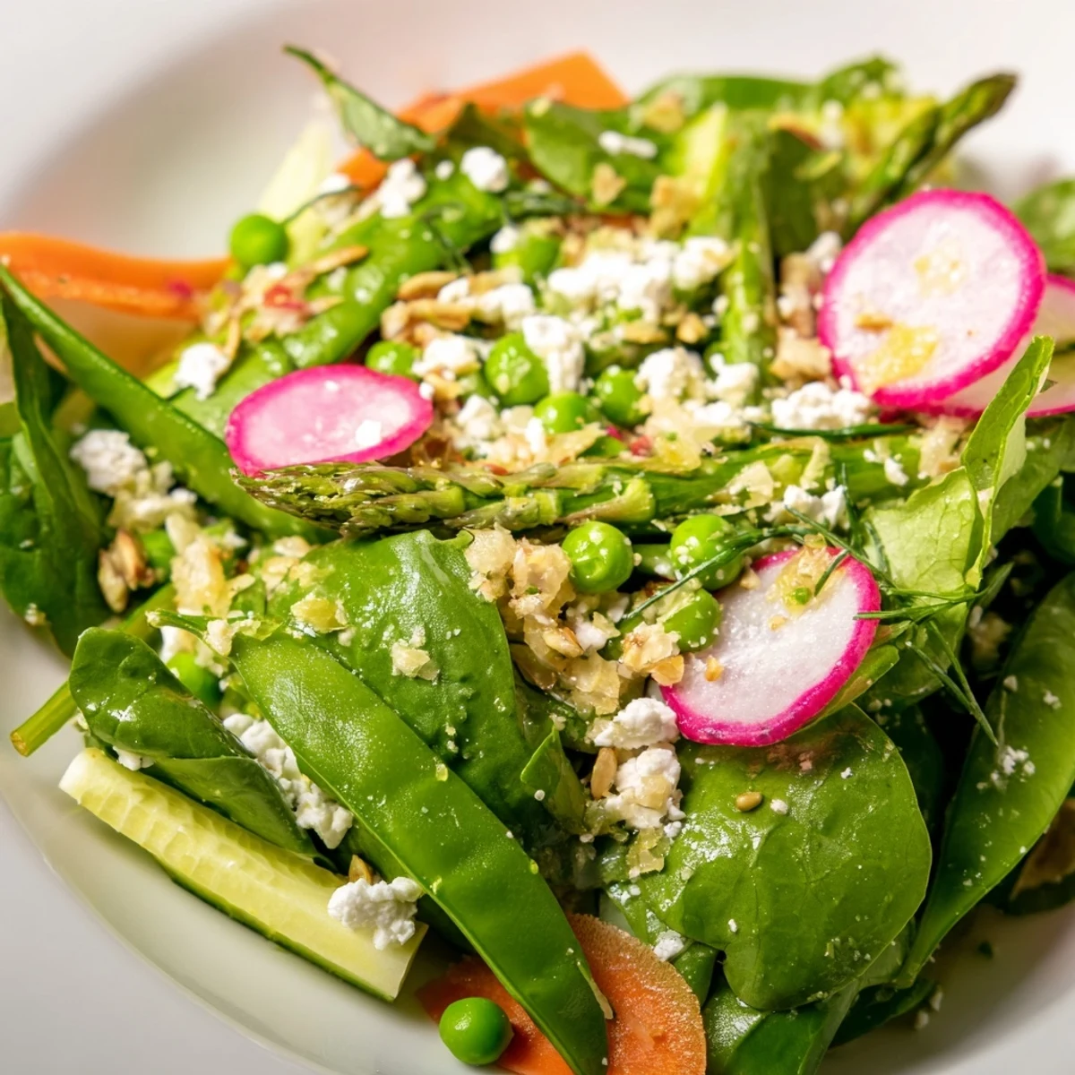 Colorful bright spring salad with crisp radishes, shaved asparagus, and crumbled feta on a rustic plate