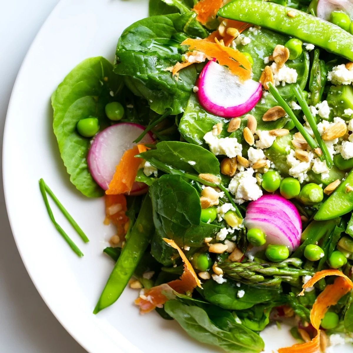 Vibrant bright spring salad tossed in citrusy vinaigrette, topped with sunflower seeds and fresh herbs