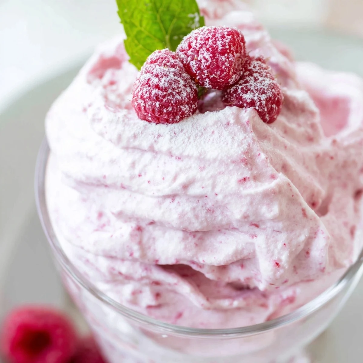 Fluffy Fresh Raspberry Cloud Mousse spooned into dessert cups with mint garnish