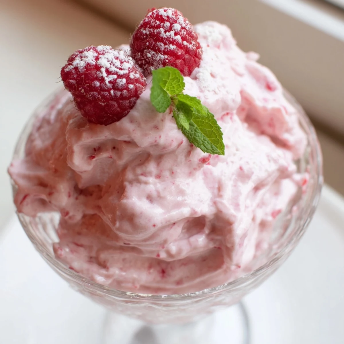 Creamy Fresh Raspberry Cloud Mousse topped with whole berries in elegant glass