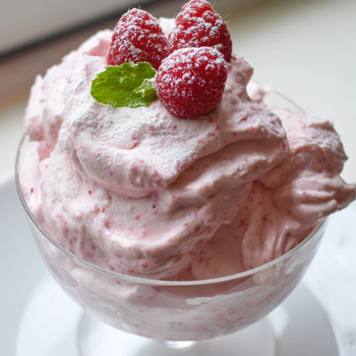 Silky Fresh Raspberry Cloud Mousse with a dusting of powdered sugar and fresh raspberries