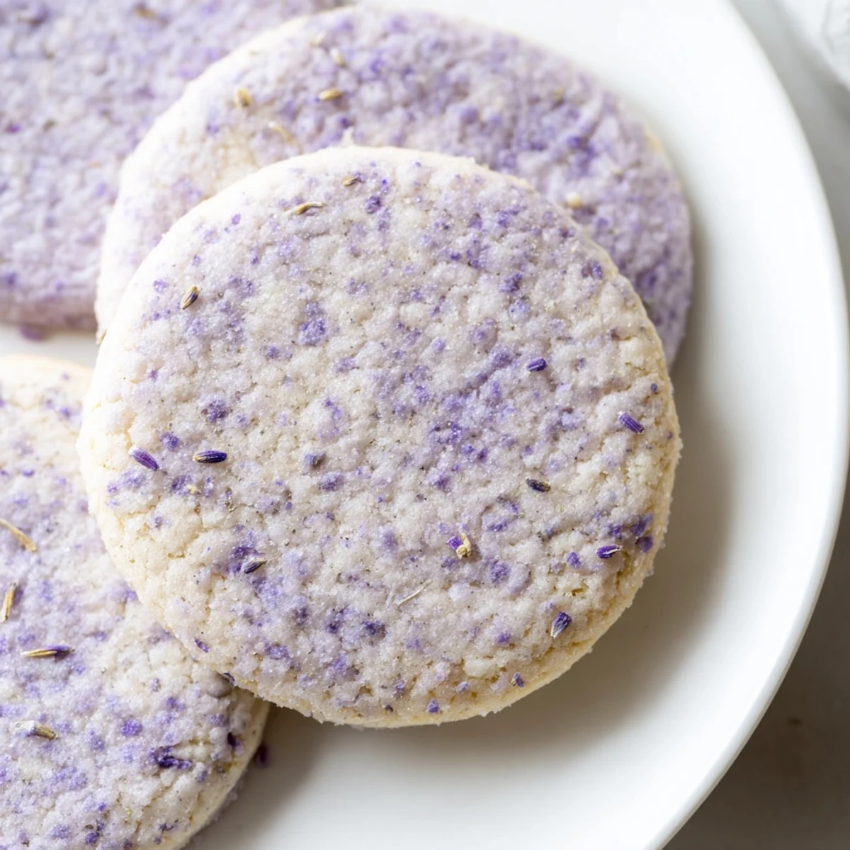 Delicate lilac sugar cookies arranged on a white plate beside herbal tea