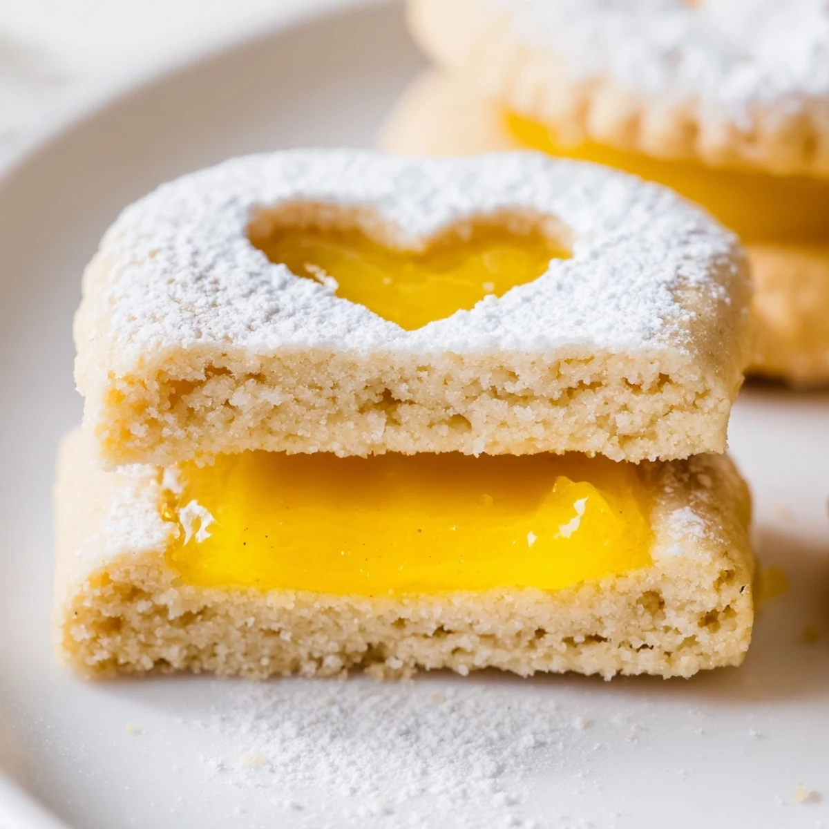 Meyer Lemon Curd Linzer Cookies with powdered sugar dusting and golden almond shortbread edges