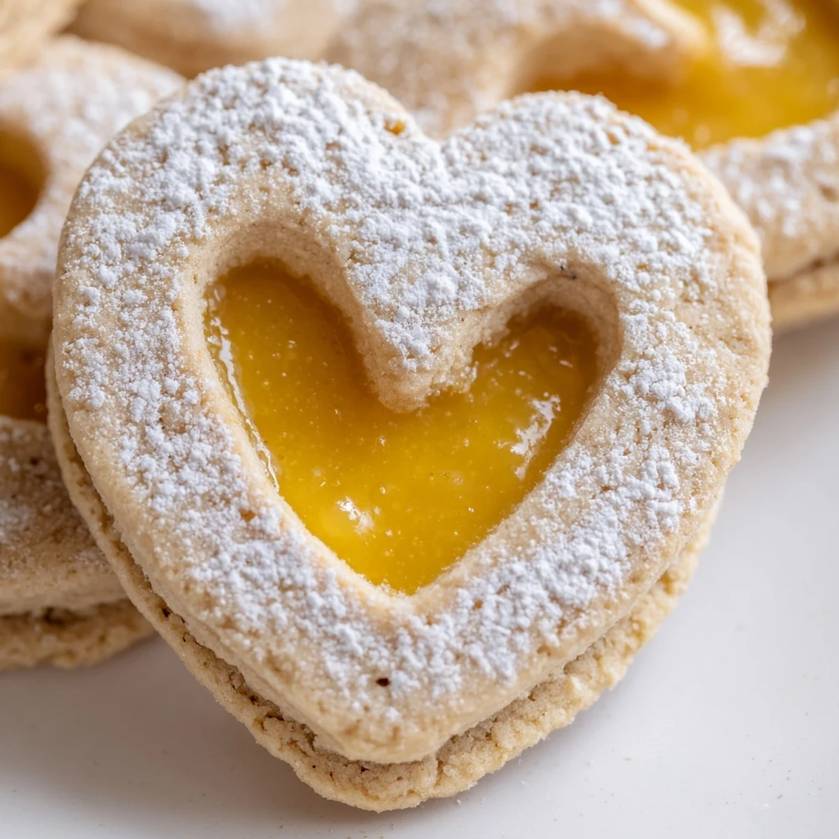 Delicate Meyer Lemon Curd Linzer Cookies showcasing bright yellow filling through decorative cutout windows