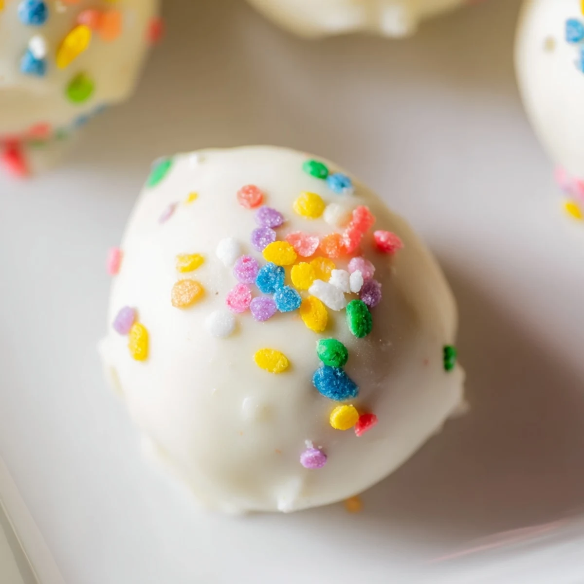 Creamy Banana Pudding Easter Truffles coated in white chocolate with colorful sprinkles