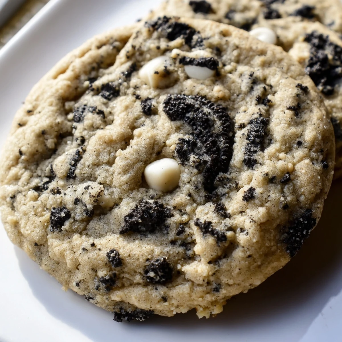 Soft chewy cookies and cream cookie with white chocolate chips on rustic baking sheet