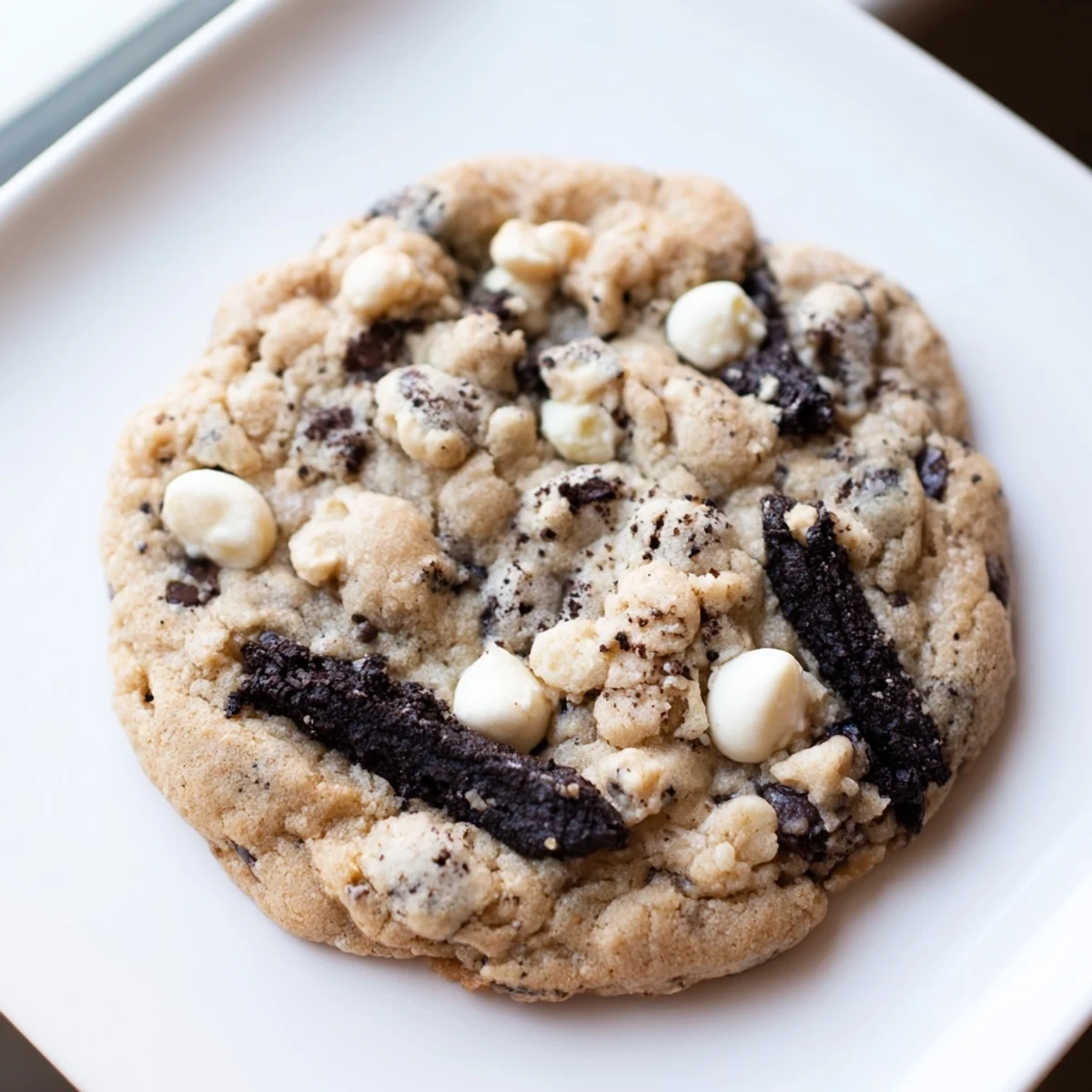 Chunky cookies and cream cookie featuring crushed Oreo pieces and melty white chocolate