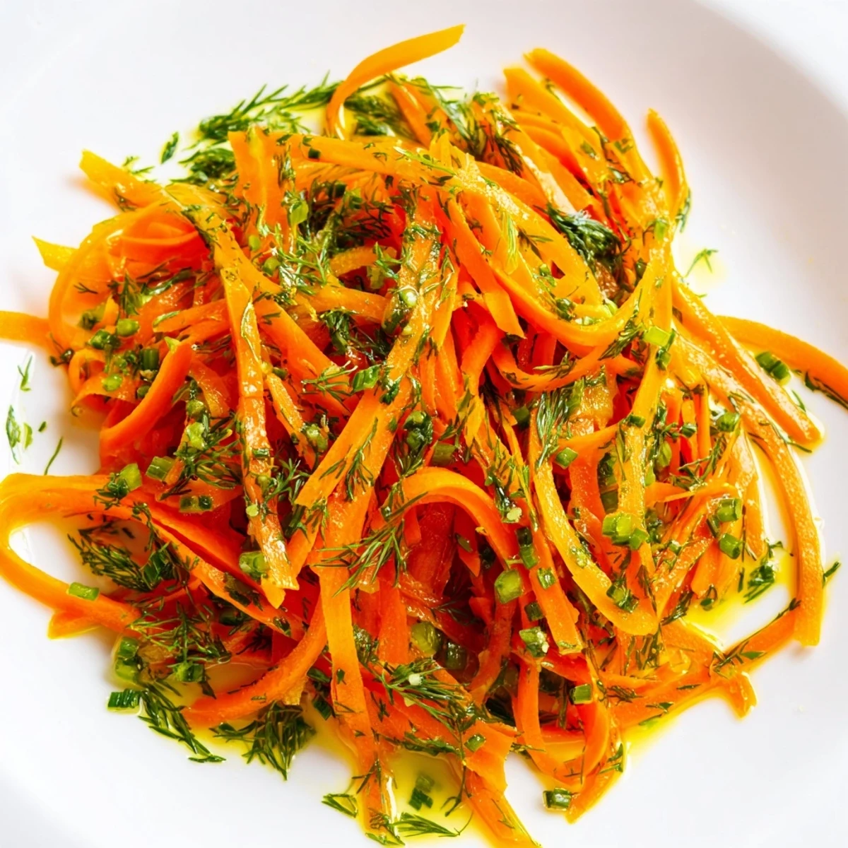 Marinated Lemon Dill Carrot Salad in a white serving bowl with fresh herb garnish