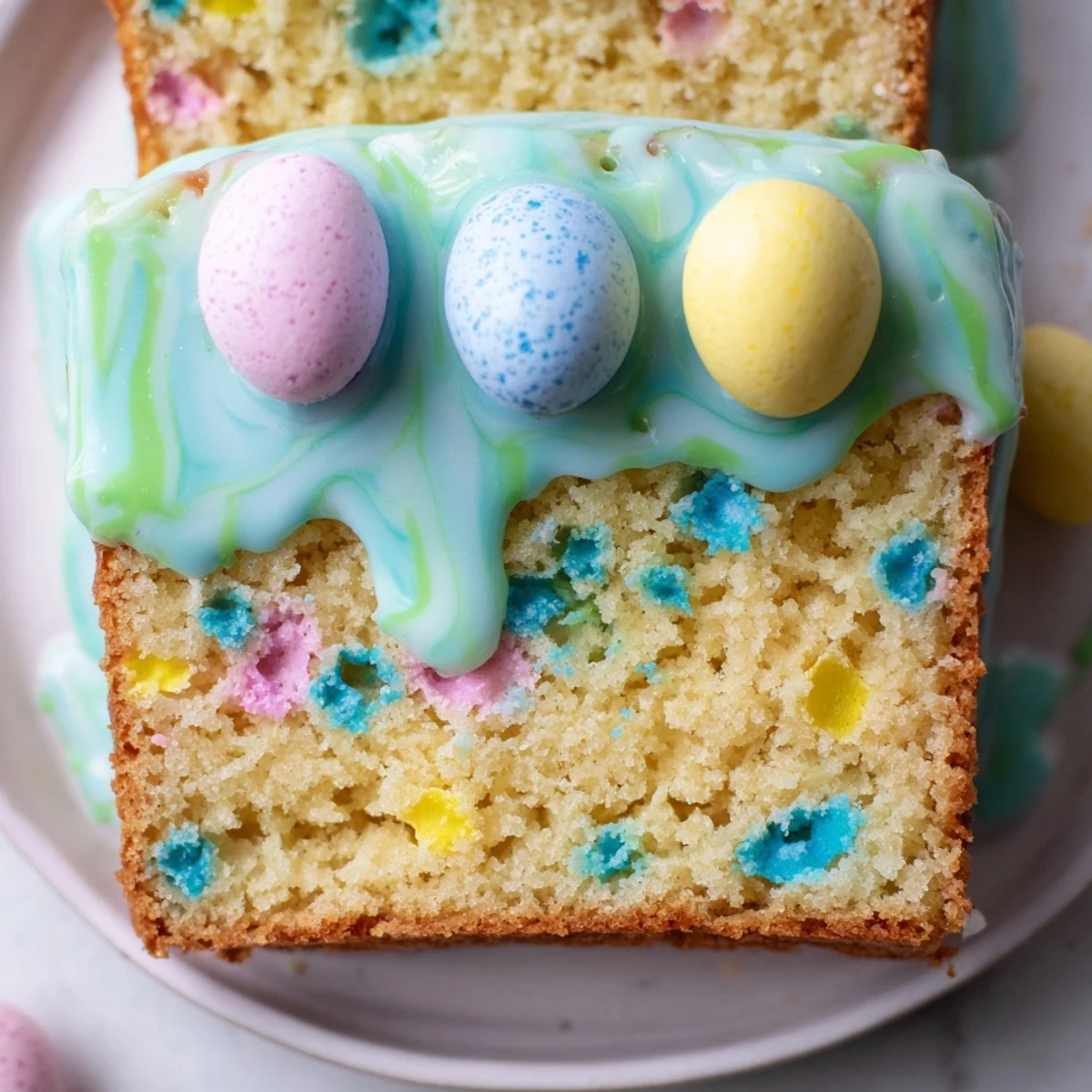 Tender Robin Egg snack cake topped with pastel glaze and colorful candy-coated chocolate eggs