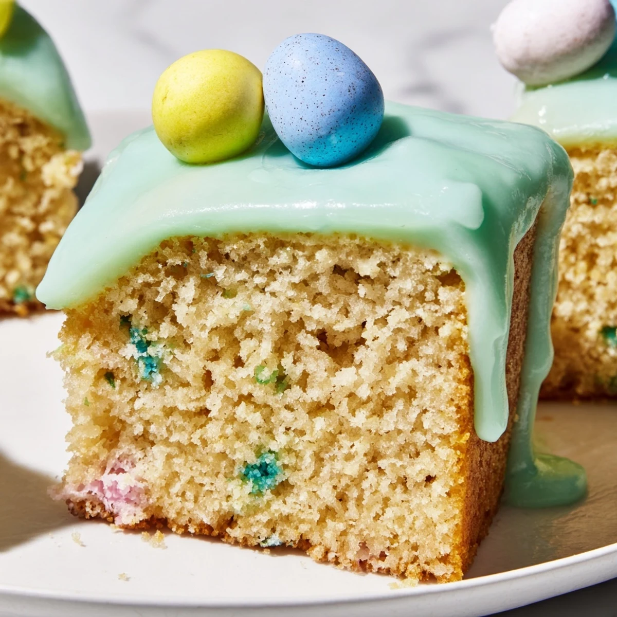 Moist vanilla Robin Egg snack cake drizzled with sweet icing and speckled malted candies