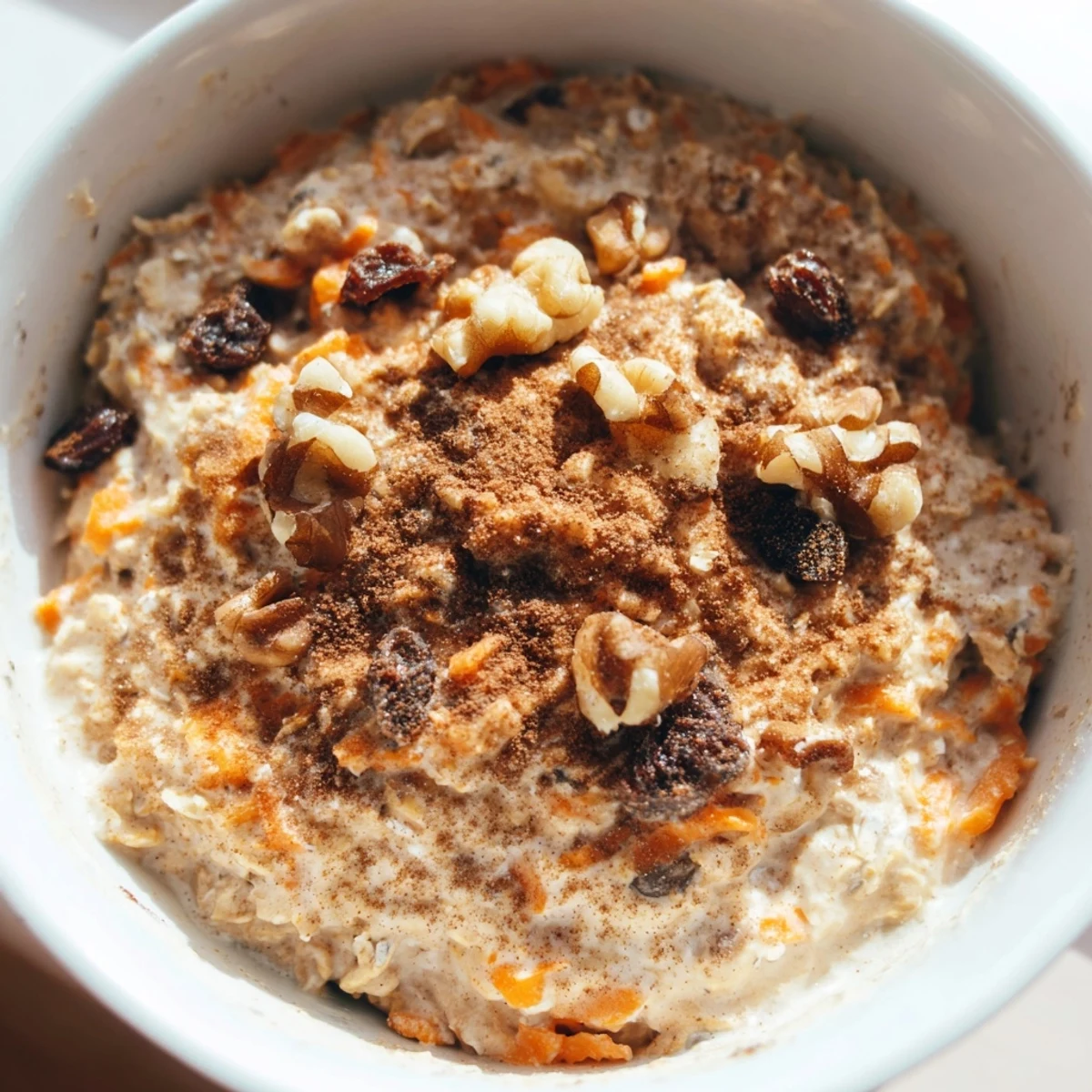 Carrot Cake Overnight Oats in a glass jar topped with chopped walnuts and a cinnamon sprinkle