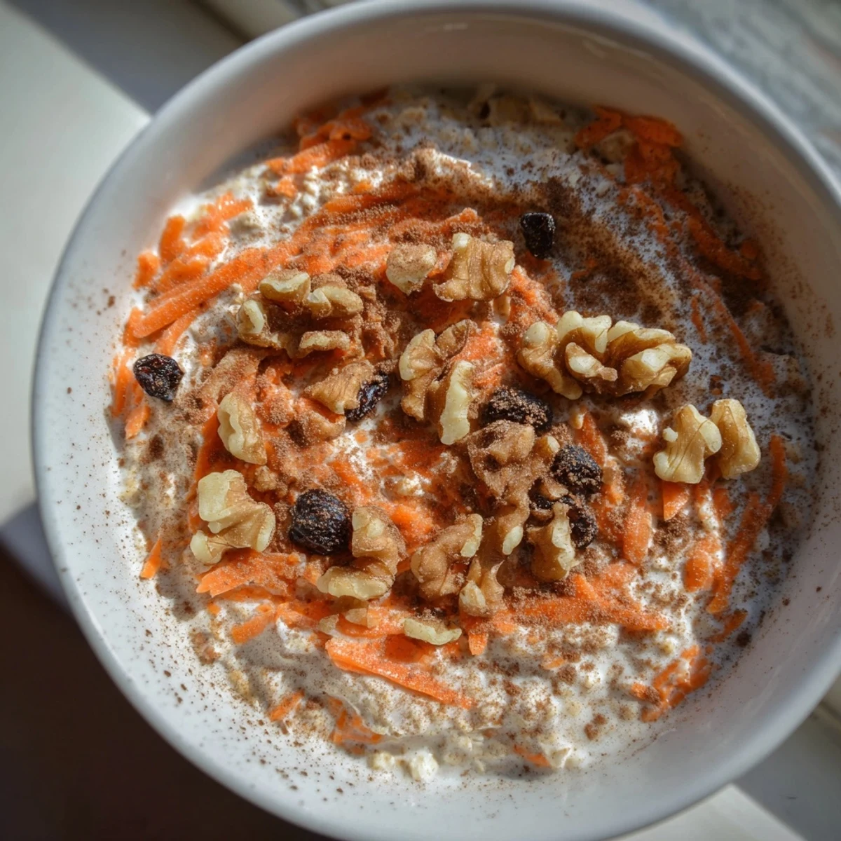 Creamy Carrot Cake Overnight Oats with grated carrots and raisins served in a mason jar