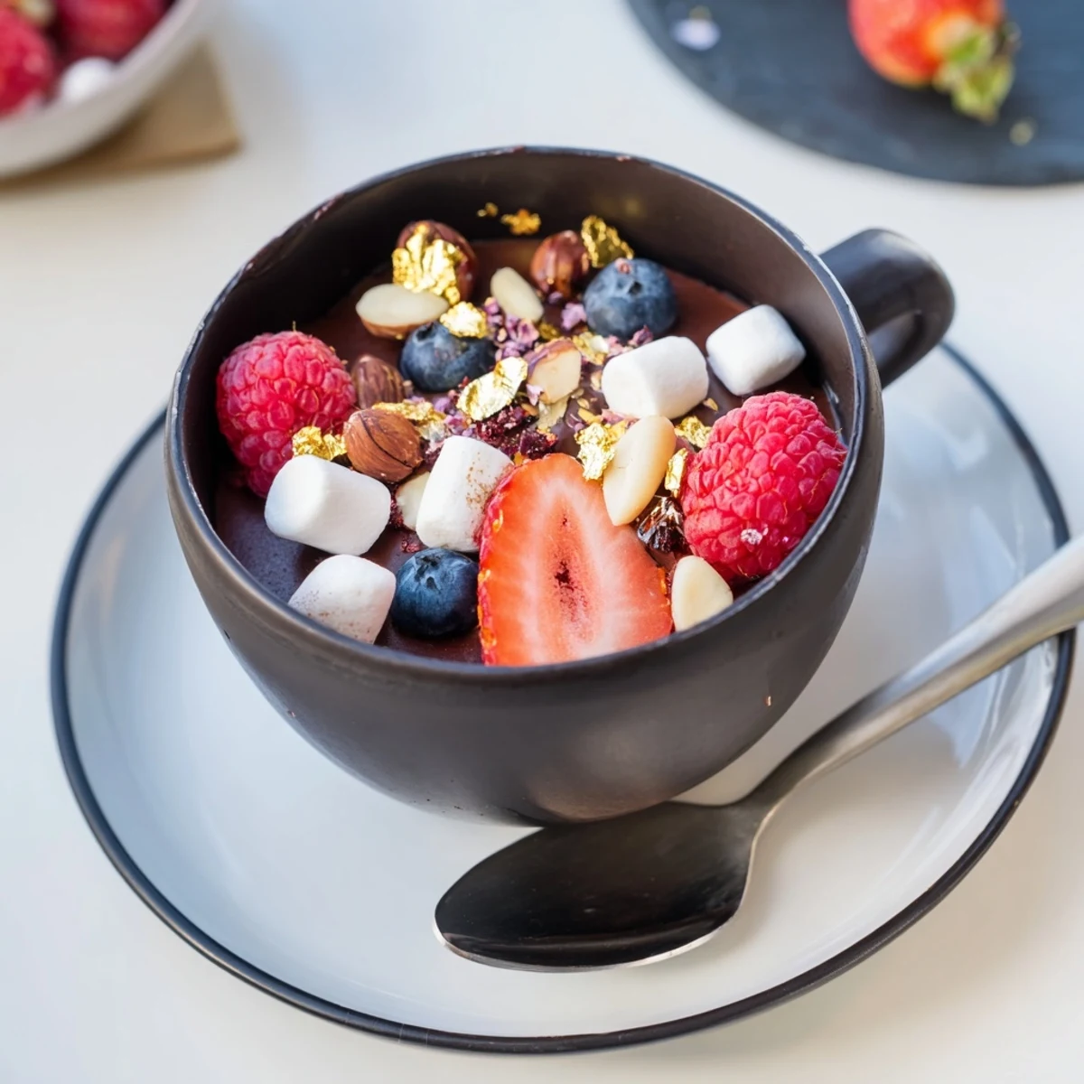 Chocolate grazing cups filled with creamy mousse and topped with fresh berries and nuts