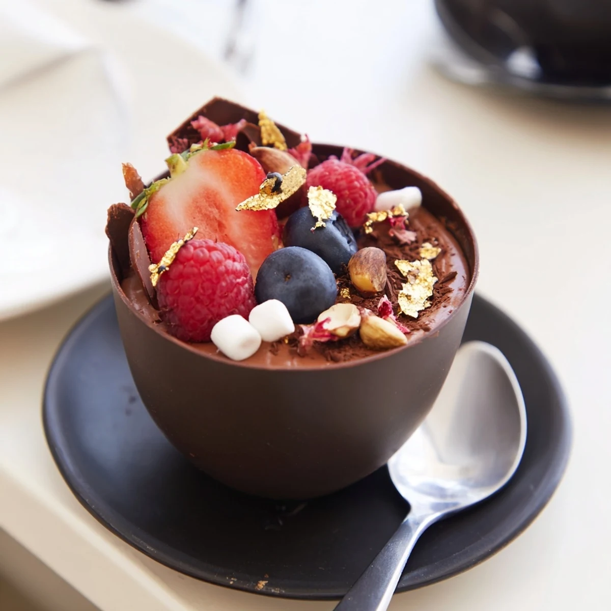 Dark chocolate cups overflowing with fluffy mousse and colorful berry garnish on elegant display