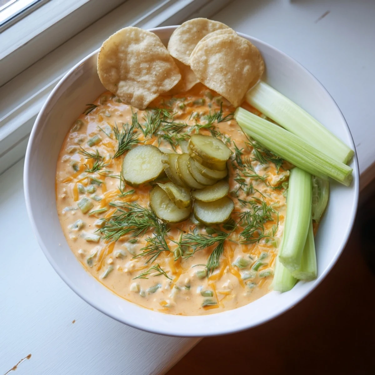 Creamy Buffalo Pickle Dip in a rustic bowl surrounded by crunchy chips and fresh veggie sticks for dipping