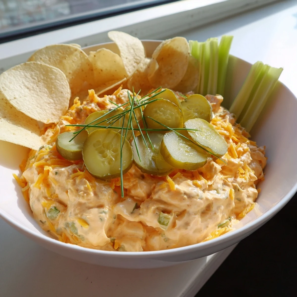 Tangy Buffalo Pickle Dip topped with chopped chives and pickle slices, ready for game day snacking