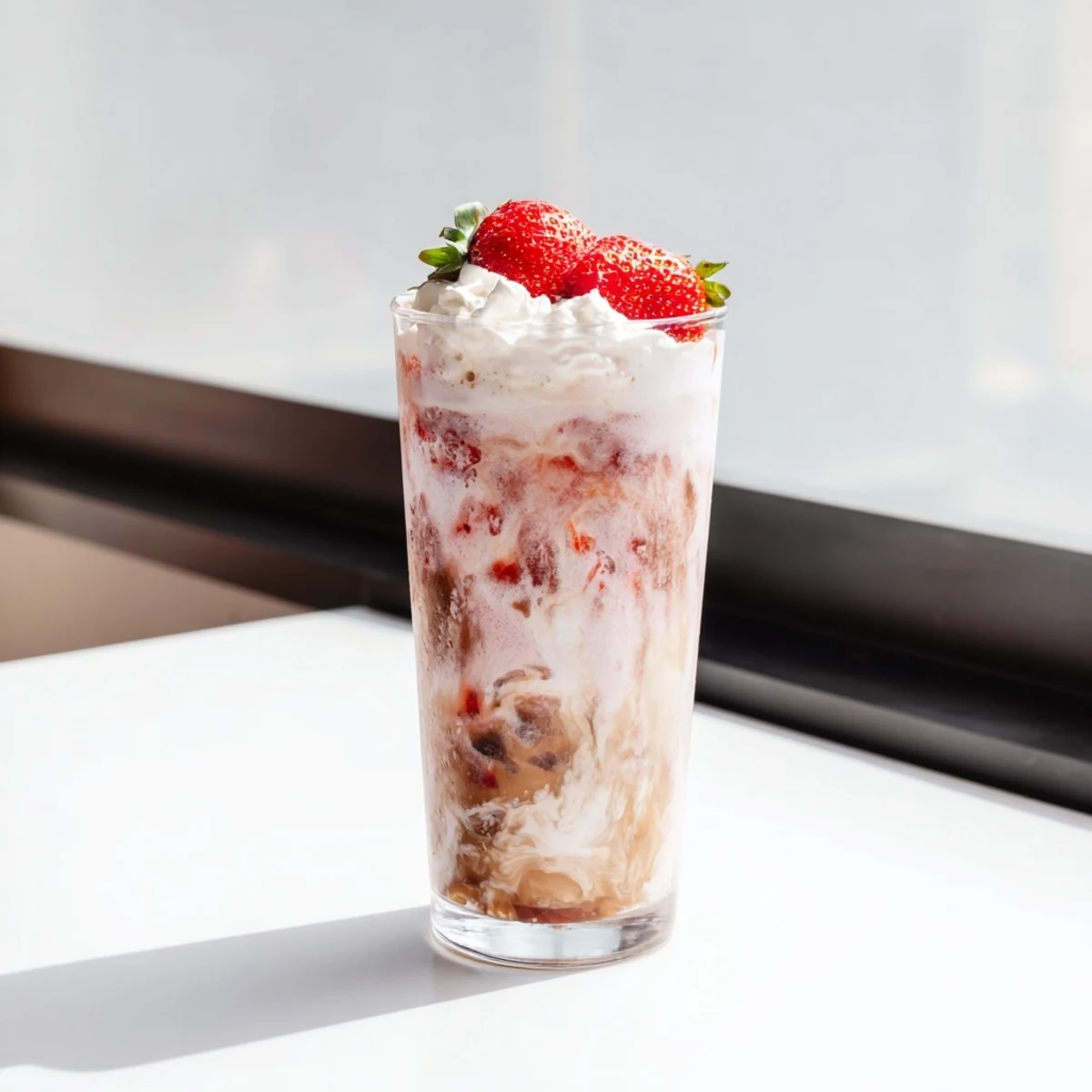 Creamy strawberry cold latte in a tall glass with swirled pink layers and ice