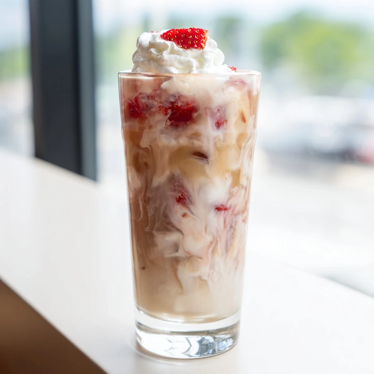 Refreshing strawberry cream cold latte topped with fluffy whipped cream and fresh berry garnish