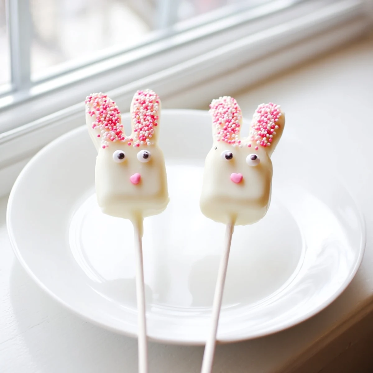 Adorable white chocolate bunny cakesicles with candy eyes and pink ears on sticks