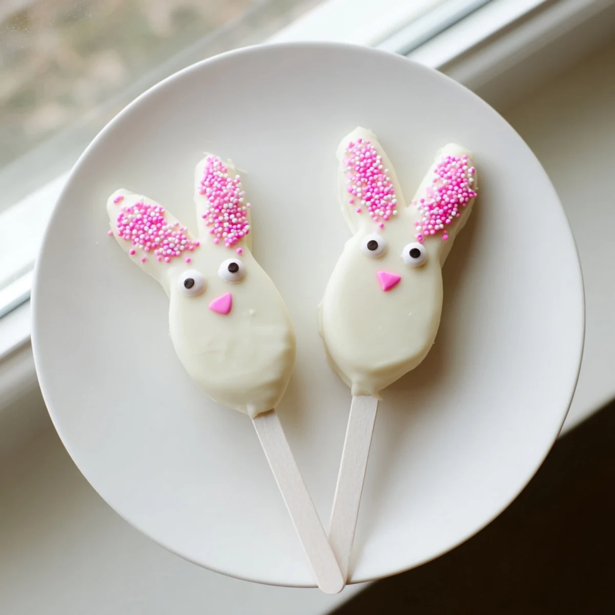 Creamy white chocolate bunny cakesicles decorated with sprinkles for festive Easter celebrations