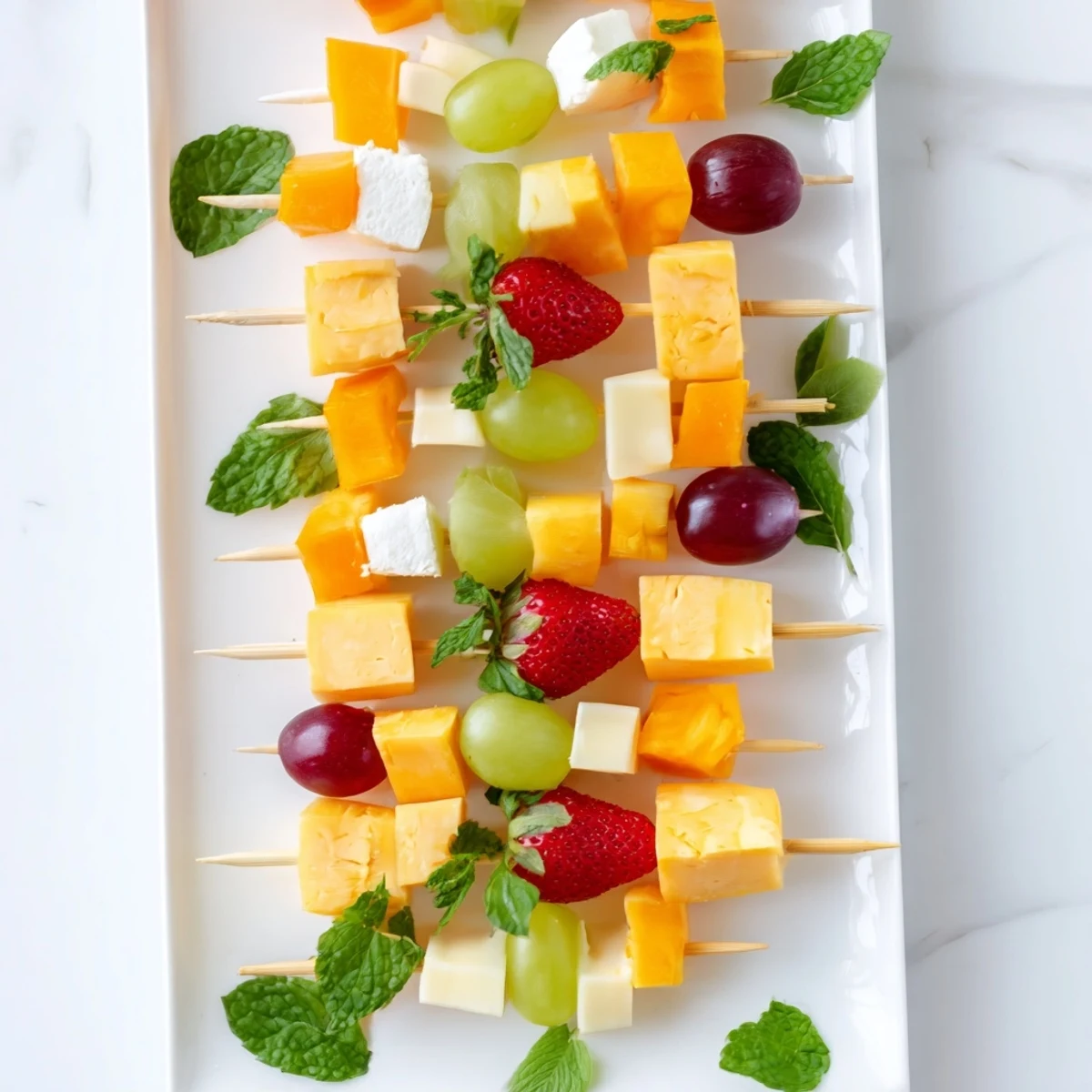Colorful fruit and cheese kabobs arranged on a platter with grapes, strawberries, pineapple, and cheddar cubes