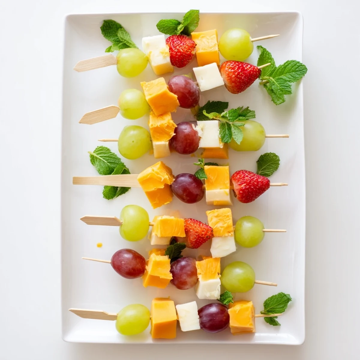 Fresh fruit and cheese kabobs featuring alternating red grapes, pineapple chunks, and creamy Monterey Jack squares