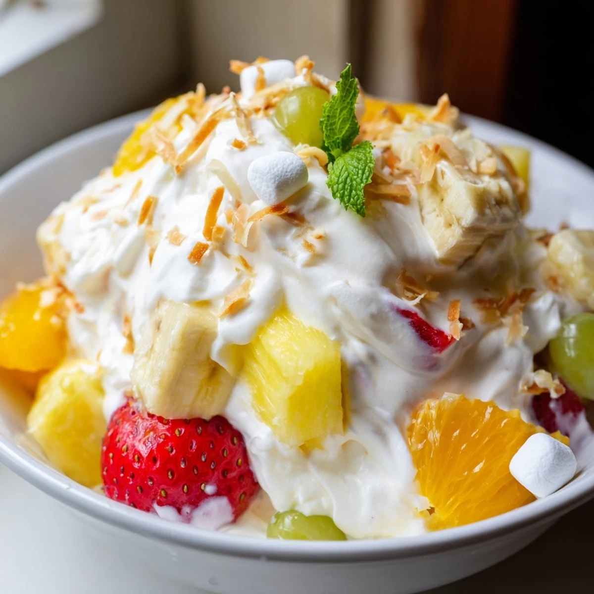 Creamy Hawaiian Cheesecake Salad loaded with fresh pineapple, strawberries, and mandarin oranges