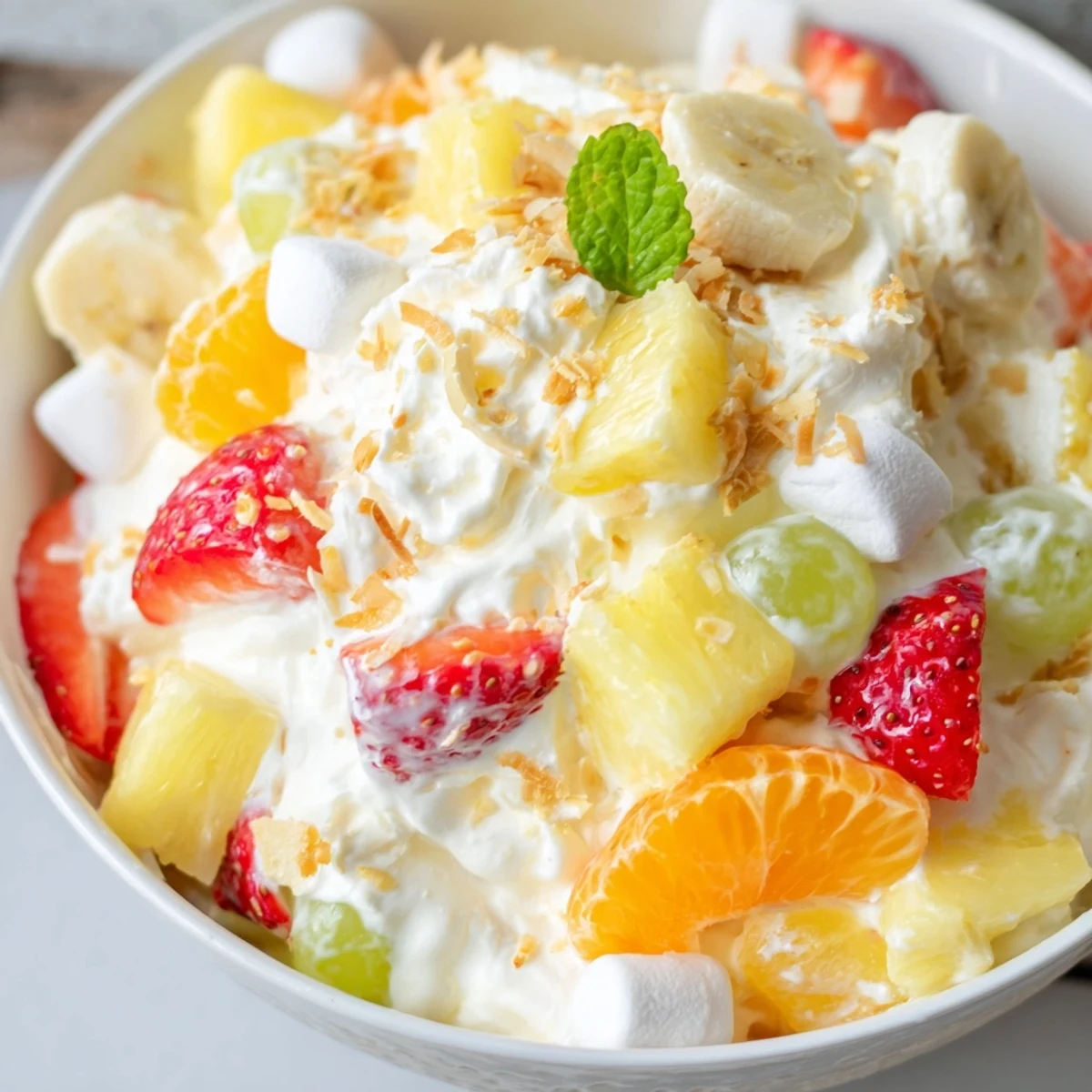 Tropical Hawaiian Cheesecake Salad served chilled in a bowl with toasted coconut garnish