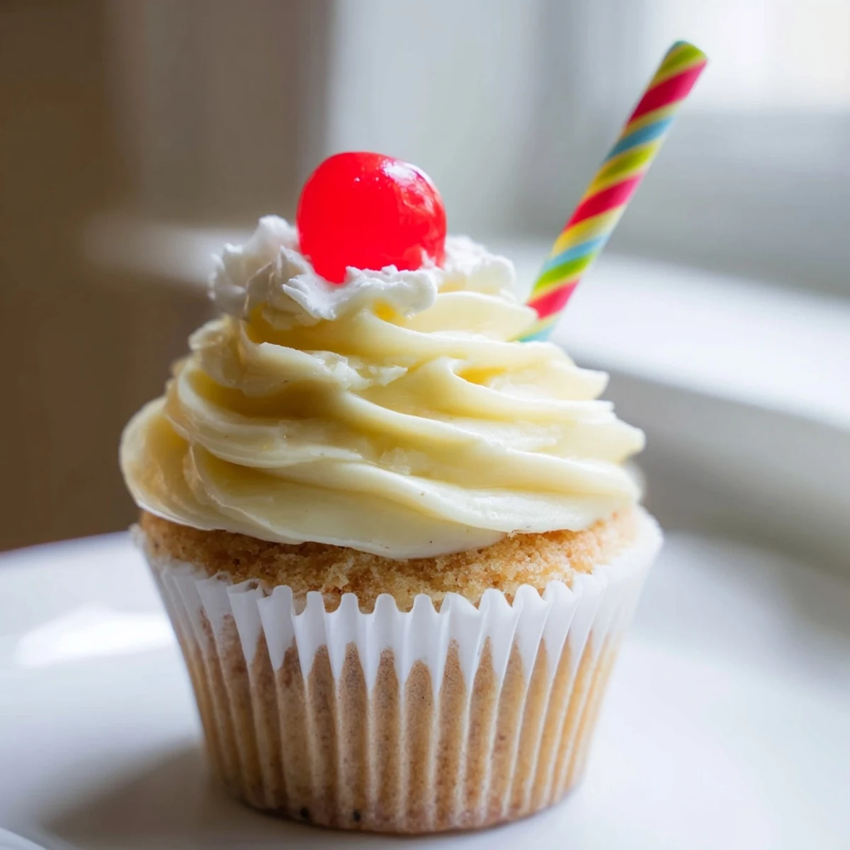 Golden banana milkshake cupcakes topped with creamy swirled frosting and bright red cherries