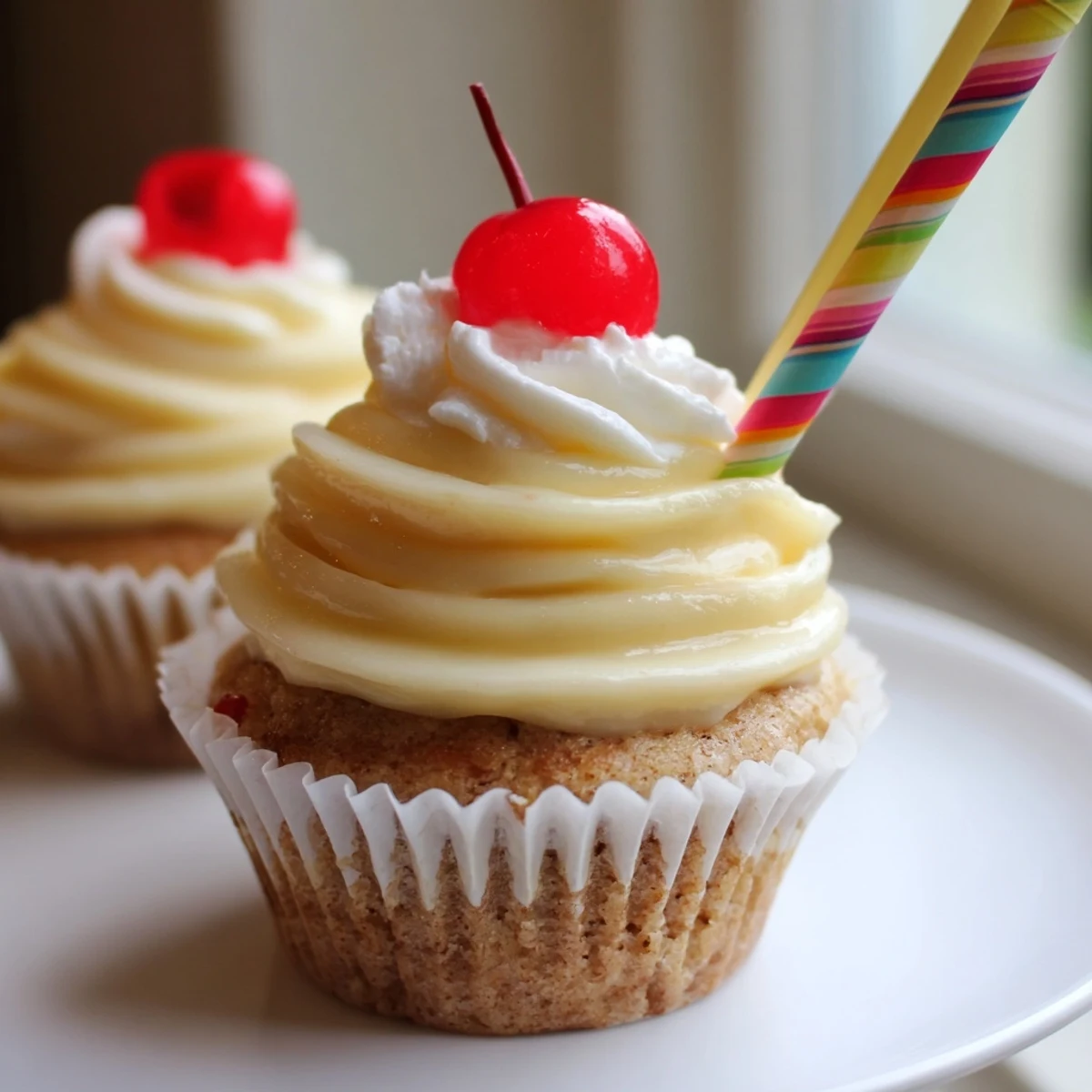 Moist banana milkshake cupcakes with fluffy vanilla frosting piped high on golden cake